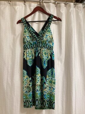 Black & Teal Floral Print V-Neck Women's Dress